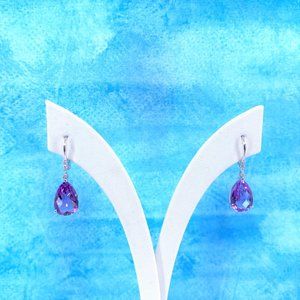 14K Gold Amethyst & Diamond Drop Dangle Earrings